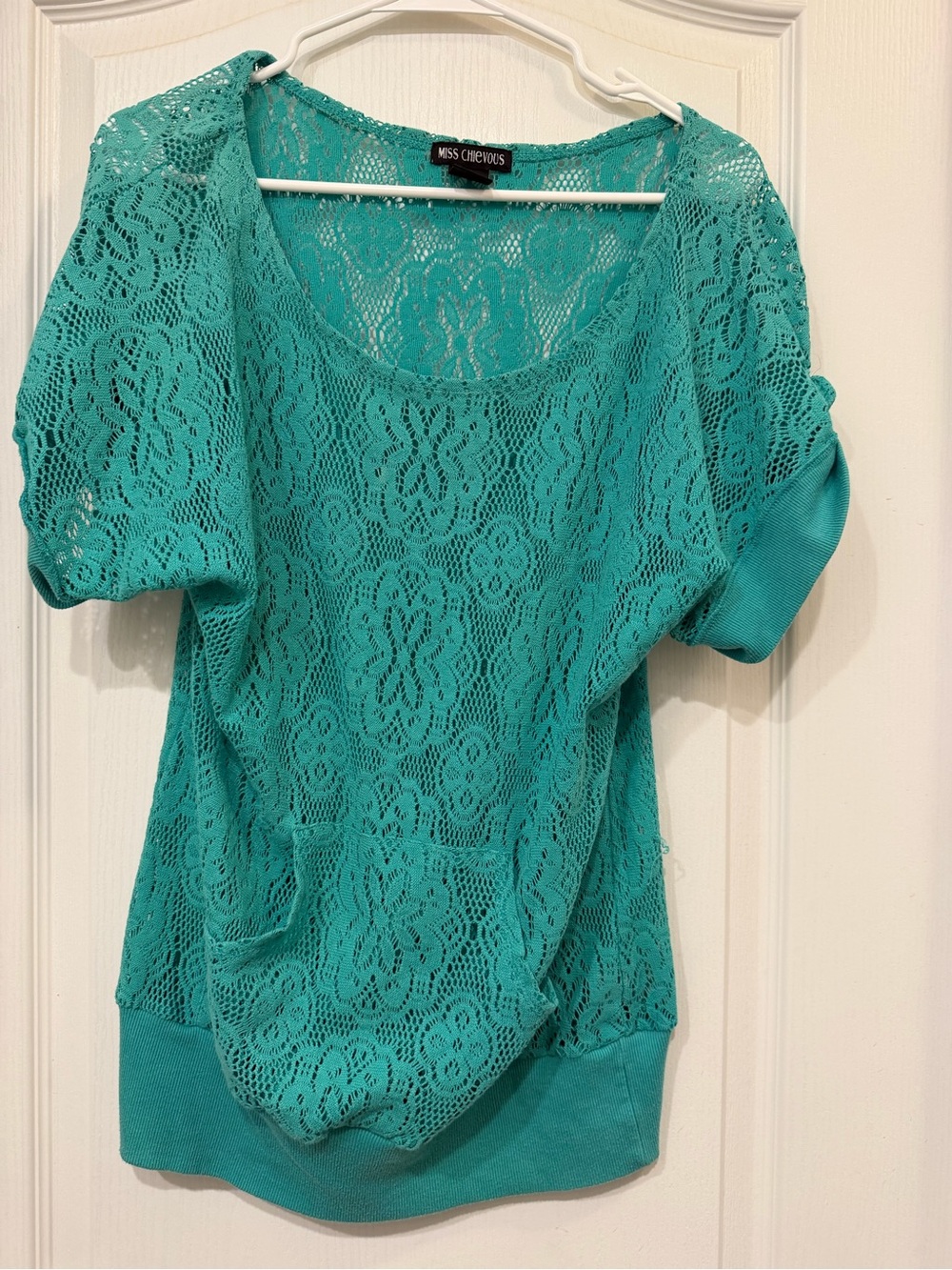 Miss Chievous Teal Lace Overlay Dolman High Low Top Women’s Size Large